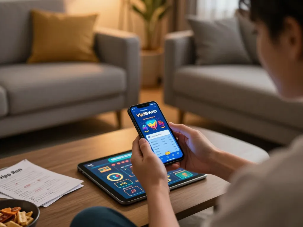 Engaging with the vip99win app on smartphone, illustrating online betting in cozy living space
