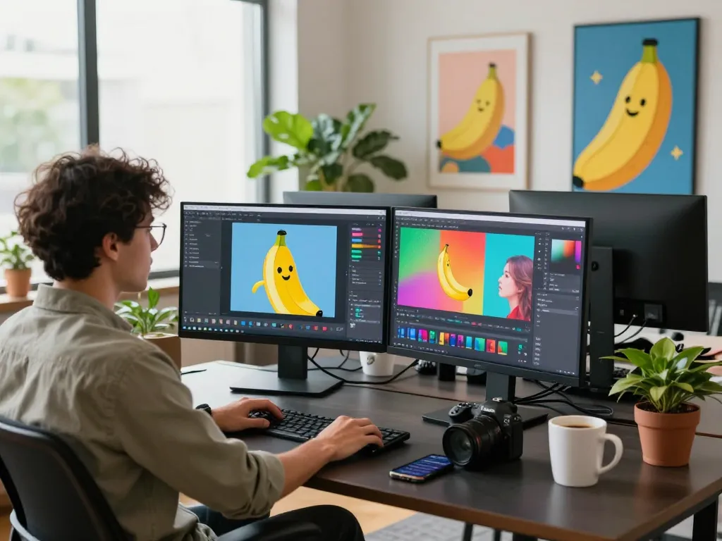 Creative workspace featuring Banana Nano AI image editing tools with vibrant visuals.