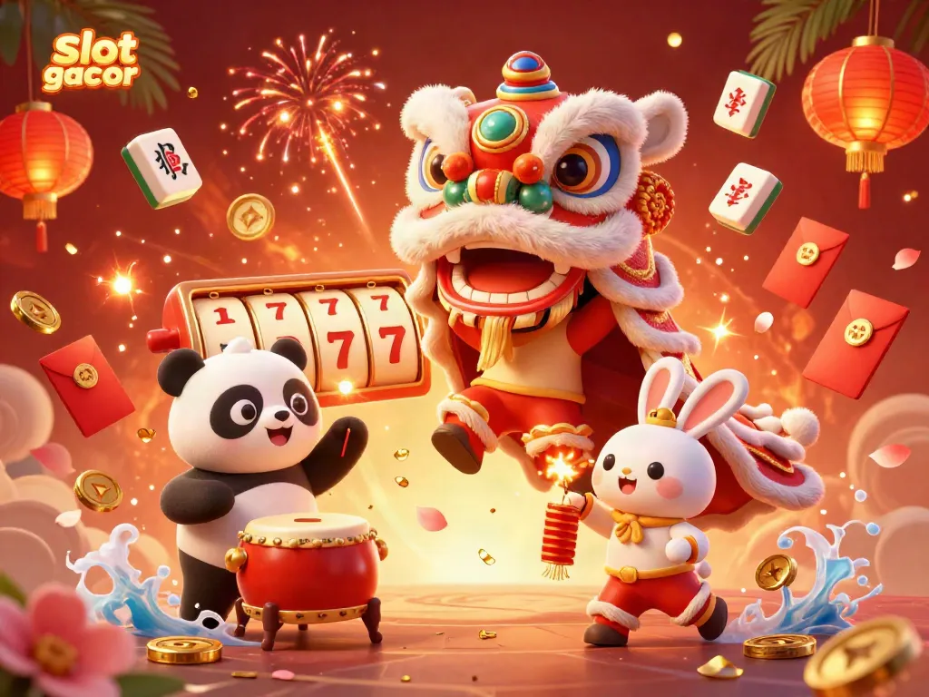 Experience the vibrant slot gacor scene filled with festive characters and winning symbols amidst a celebration.
