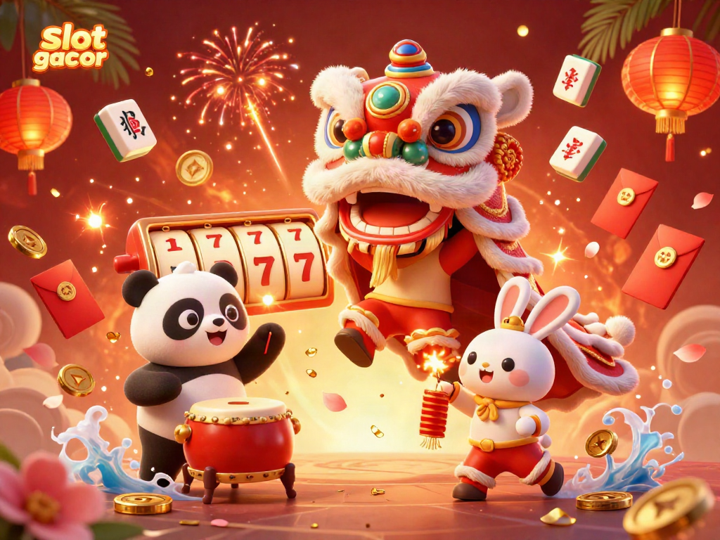 Experience the vibrant slot gacor scene filled with festive characters and winning symbols amidst a celebration.