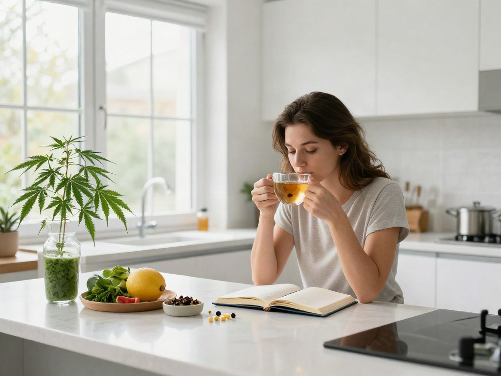 Buy weed online usa with quality CBD tea and wellness ingredients amid a serene kitchen setting.