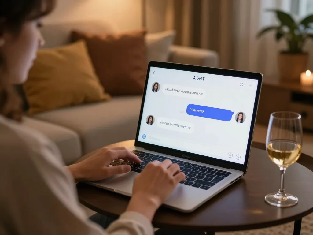 Engaging in a playful nsfw ai chat on a laptop in a cozy living room.