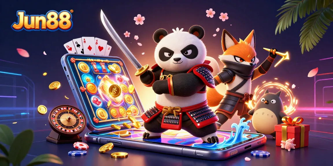 Engage with Jun88 in a vibrant casino scene featuring a samurai panda and ninja fox.