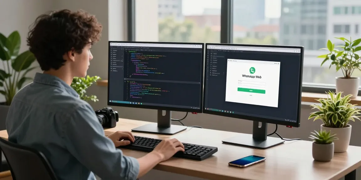 Developer working on WhatsApp電腦版 in a modern tech workspace with dual monitors and city view.