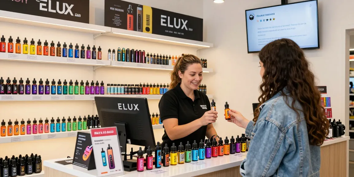 Customer exploring Elux nic salt e-liquids in a vibrant vape shop, showcasing diverse products and engaging atmosphere.