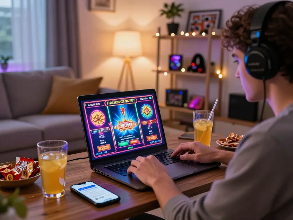 Enjoying slot online games in a cozy setting with engaging decor.