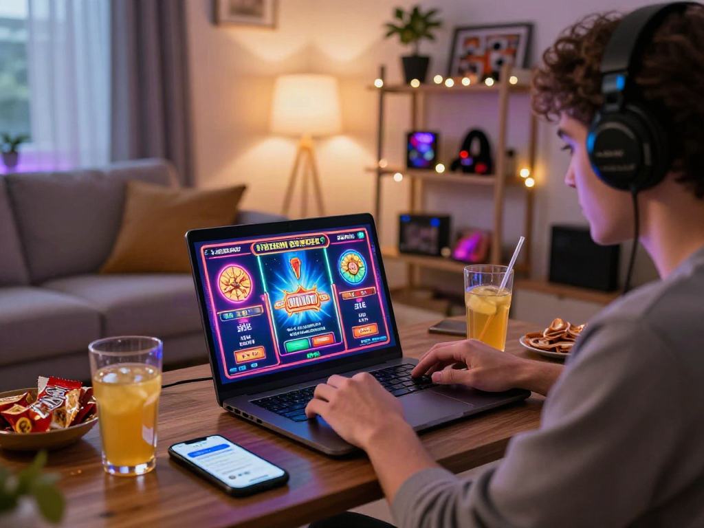 Enjoying slot online games in a cozy setting with engaging decor.