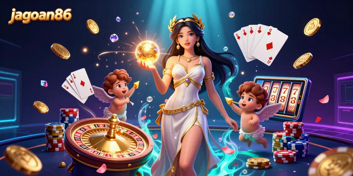 Engage with Jagoan86 in this vibrant 3D illustration showcasing a Grecian goddess and Cupid cherubs amidst a rich casino scene.