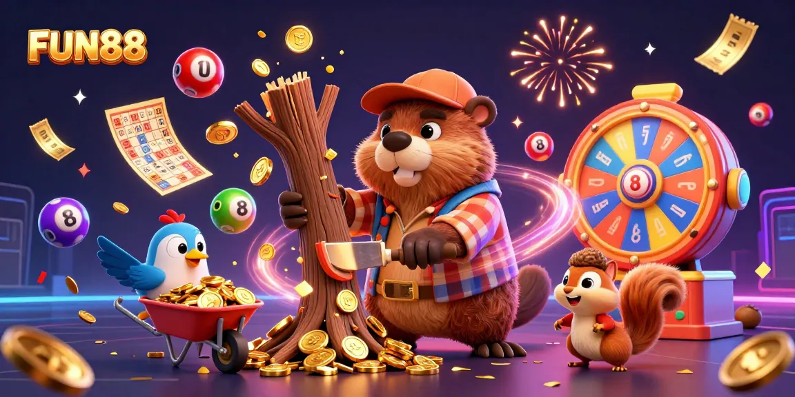 FUN88 inspires excitement with a cartoon scene of a beaver, a bird, and a squirrel amidst a gold coin shower.