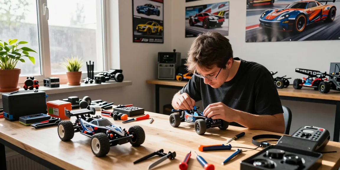 Enthusiast repairing rokok88 slot model RC car in vibrant workshop.