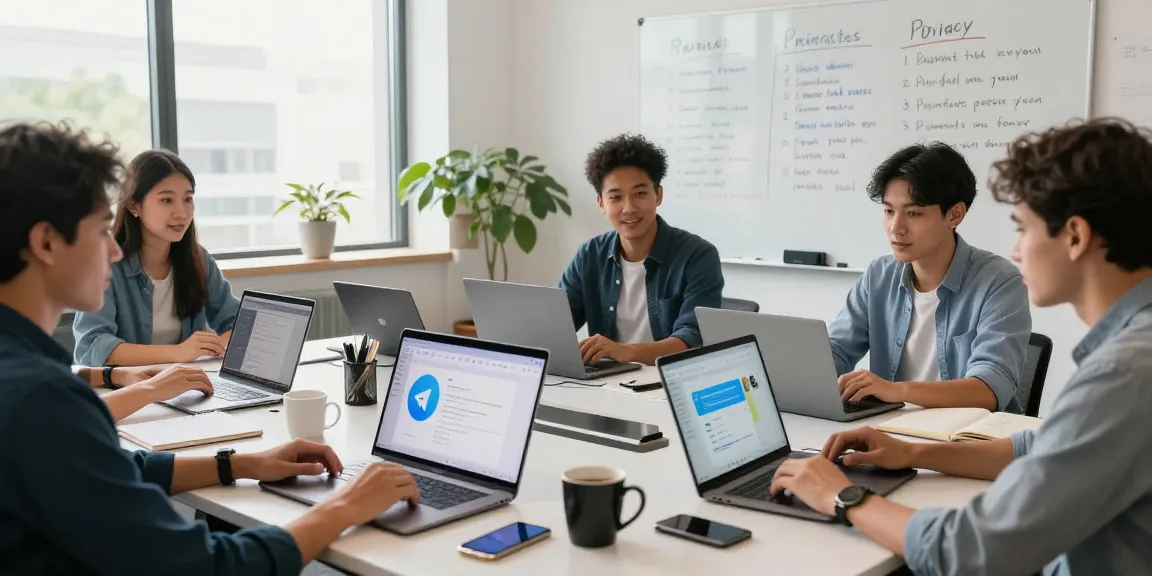 Team collaborating on Telegram Download in a modern workspace with laptops and smartphone notifications.