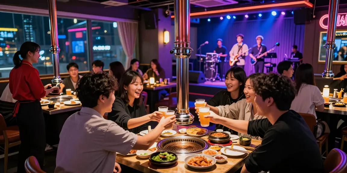 Experience the vibrant nightlife of 상봉동 한국관나이트 with friends enjoying dinner and drinks in a lively Korean entertainment venue.