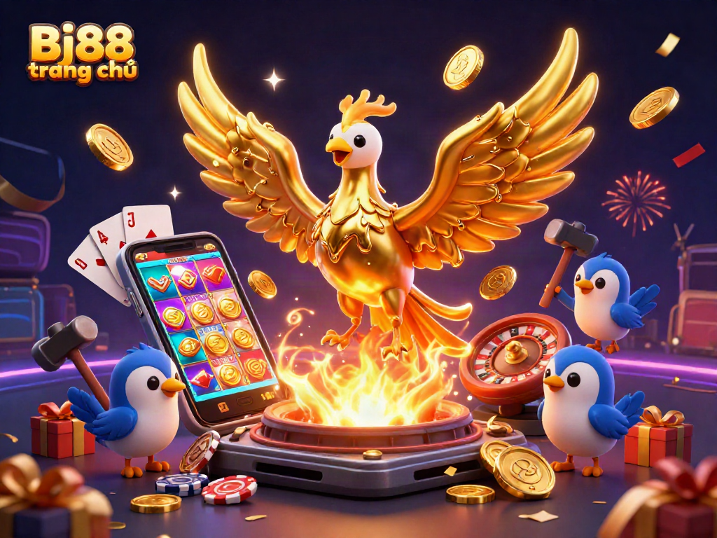 Bj88 trang chủ showcases a vibrant 3D phoenix and gaming elements, immersing players in excitement.