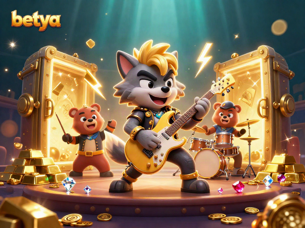 Bettors enjoy the lively atmosphere at betya with a rock star wolf and drummer bear amidst riches.