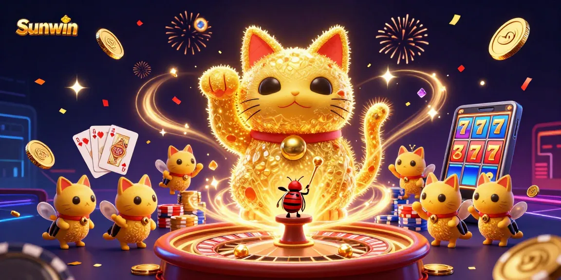 Experience the excitement of Sunwin as animated fireflies form a lucky cat symbol amidst a vibrant casino scene.