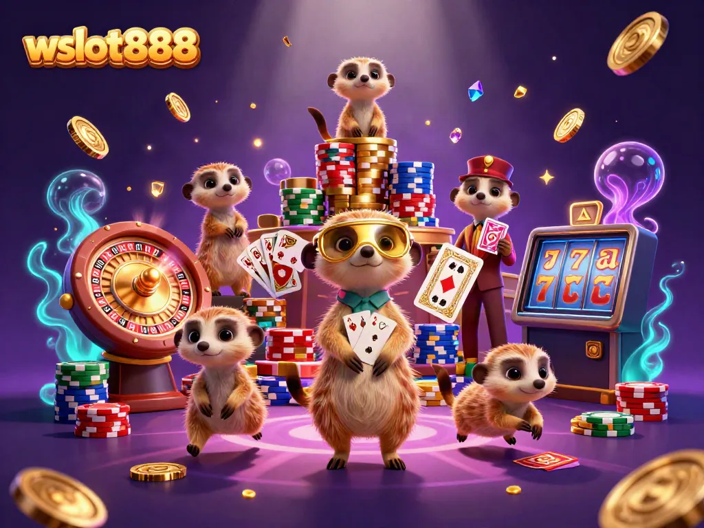 Merek wslot888 dalam ilustrasi kasino menarik dengan meerkat dan elemen judul.