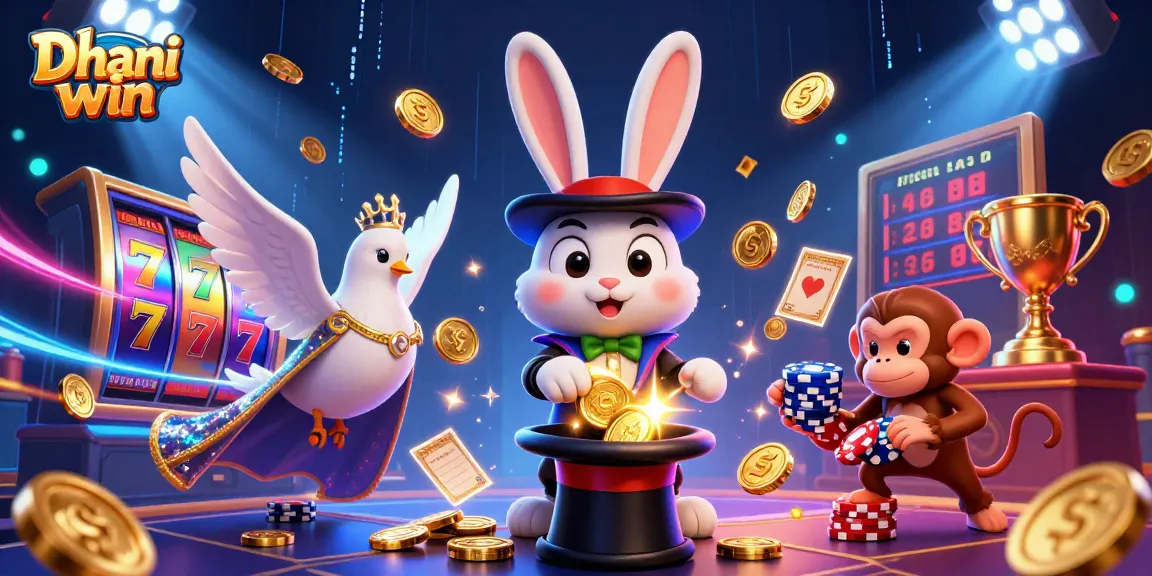 Dhani win features a magician rabbit, dove, and monkey in an exciting casino scene with slot reels and golden coins.