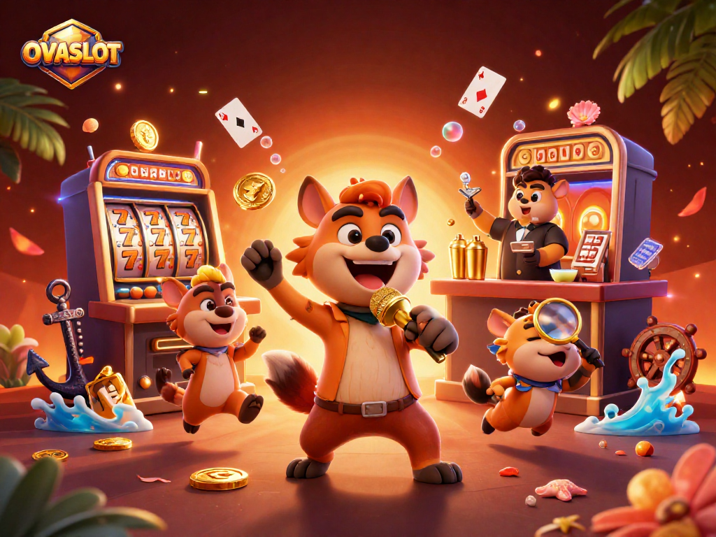 Join the OVASLOT fun with a hyena comedy show in a vibrant casino filled with lively games.