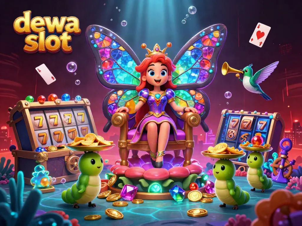 Memenangkan permainan slot dengan dewa slot, ilustrasi yang menampilkan ratu kupu-kupu dan harta karun.