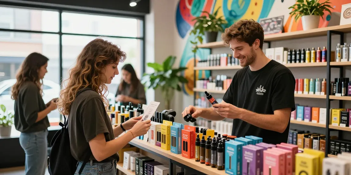 Shopper exploring Muha Med cannabis products in a vibrant vape shop.