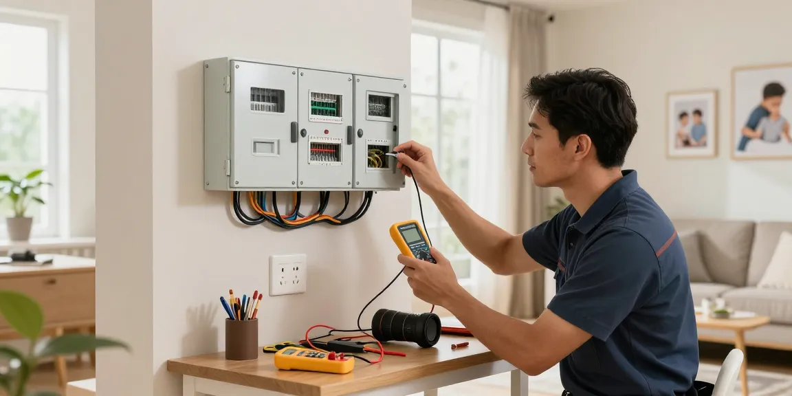 Round the clock electrician inspecting electrical panels in a cozy home setting.