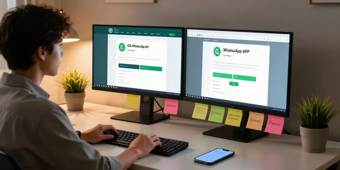Person downloading gb whatsapp apk on modern tech setup with dual monitors and cozy lighting