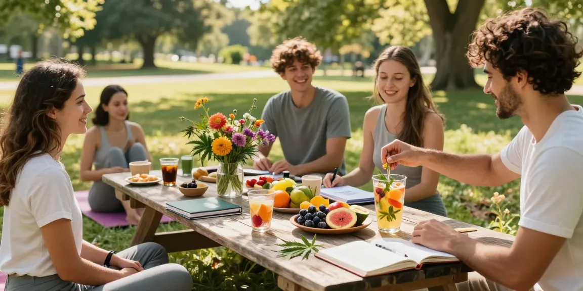 Muha meds CBD-infused drinks at a vibrant wellness picnic, showcasing natural ingredients and organic products.