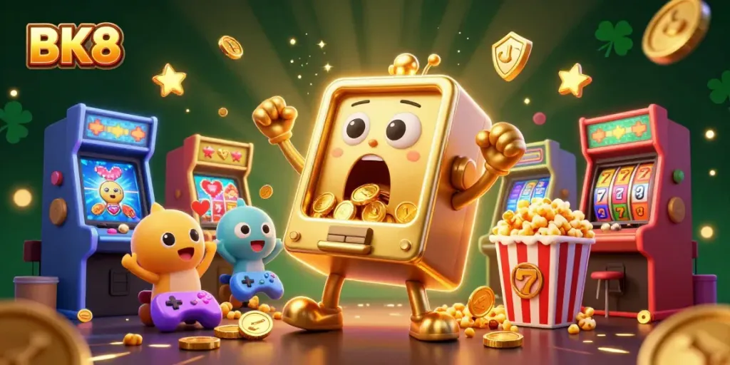 BK8 slot machine celebrates hitting a jackpot as coins pour out; vibrant, dynamic casino scene.