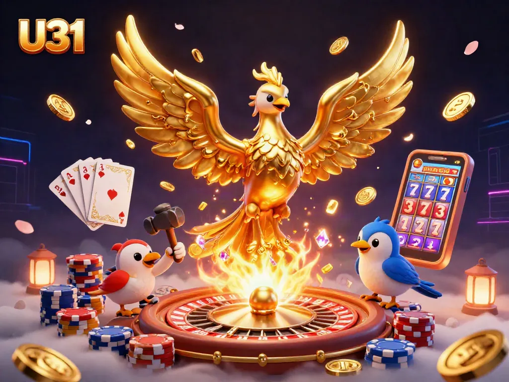 U31 casino illustration featuring a golden phoenix, golden coins, and lively gaming elements.