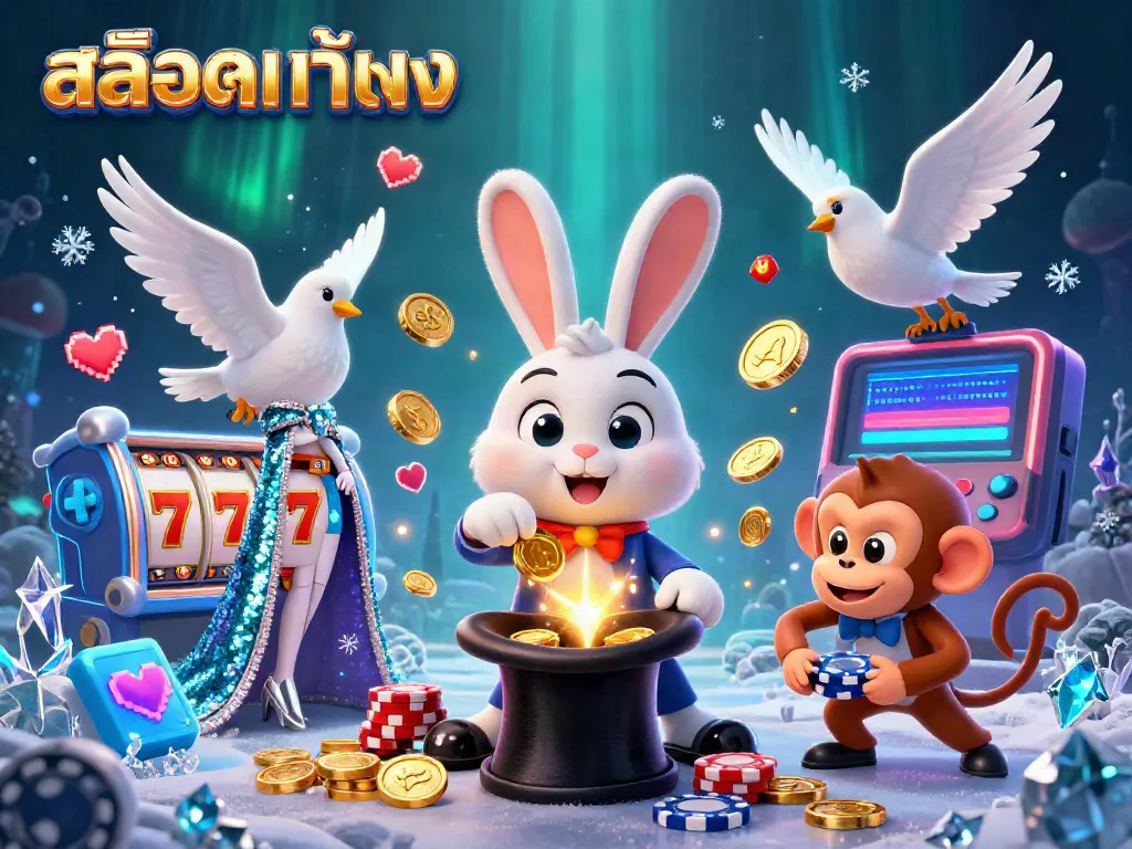 Experience the thrill with สล็อตแท้ตรง as a magician rabbit conjures coins, set in a vibrant casino-themed illustration.