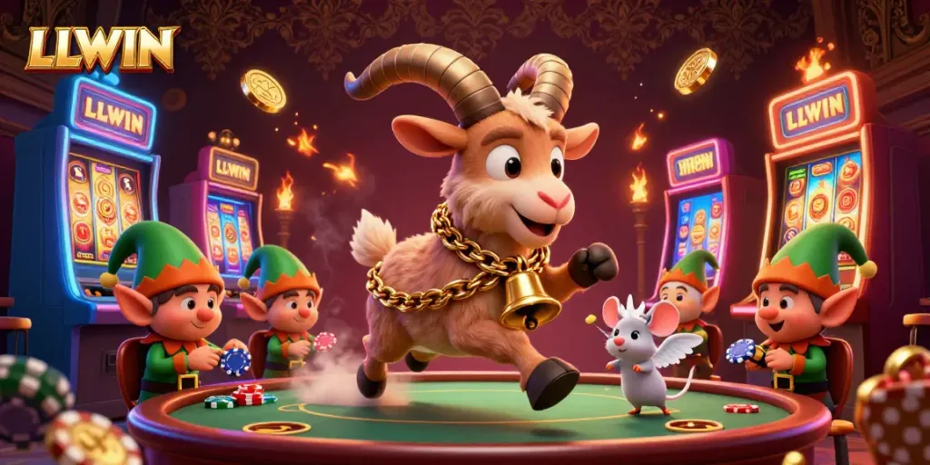 Experience the thrill at LLWIN casino with a whimsical Krampus goat supervising as playful characters create a lively atmosphere.