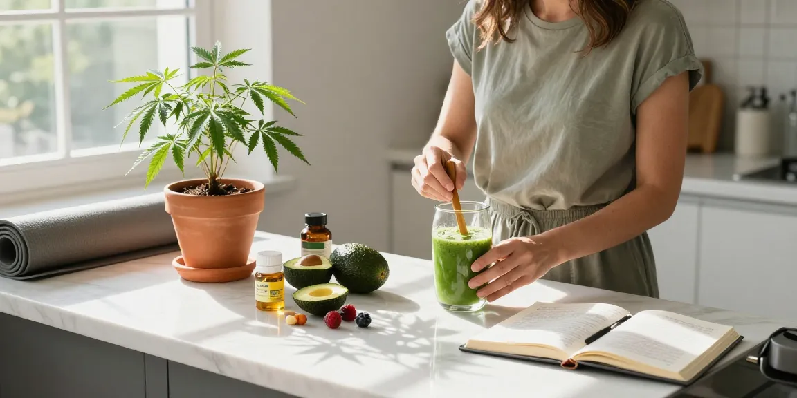 Morning routine with Ministry of Cannabis CBD oil, smoothie, fresh hemp, and wellness journal.