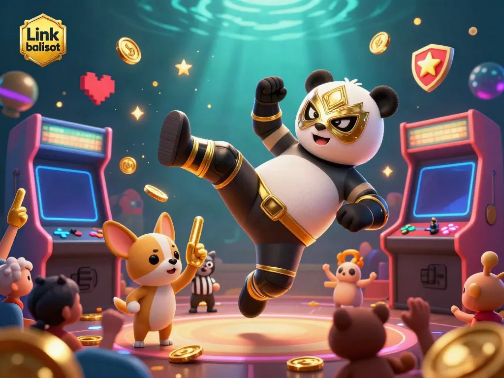Watch the excitement as the Link balislot panda wrestler takes a flying kick in a vibrant casino game scene, surrounded by cheering fans.