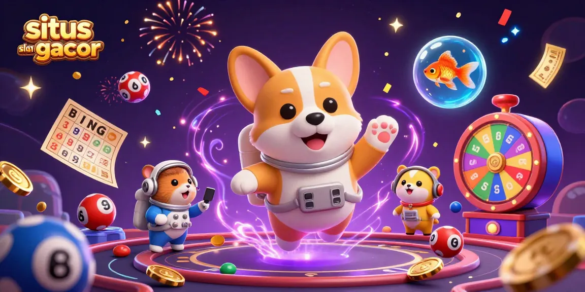 Engaging 3D scene of situs slot gacor featuring a floating astronaut corgi in a cosmic casino.