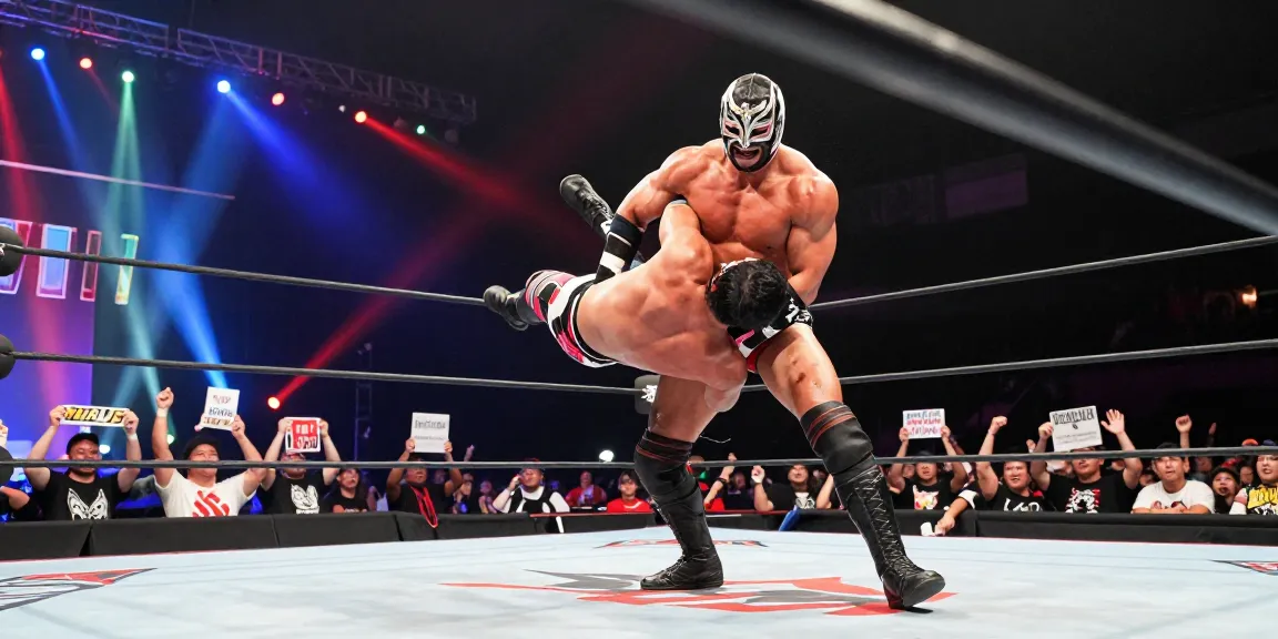 Abyss wrestler executing a powerful slam in a bright wrestling ring, surrounded by enthusiastic fans and vibrant lights, capturing the energy of live wrestling.