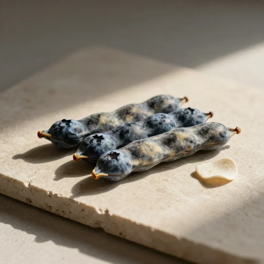 Blueberry hemp pod pack with two spare pods and a stone chip on pale limestone, side-lit.