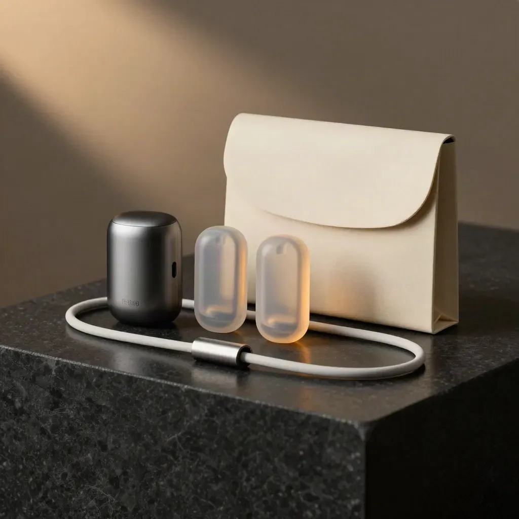 Unbranded pod kit, two pods, cable and cream sleeve on black stone under dramatic rim light