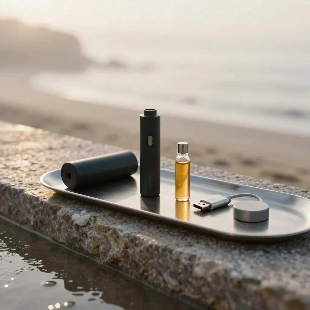 Refillable hemp pod kit with battery, pod, cartridge and USB-C lead on a misty stone ledge