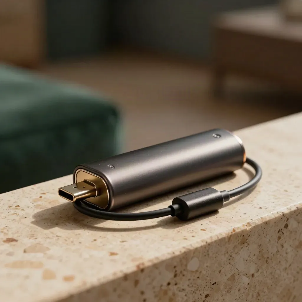 Starter battery with USB-C cable and charging cap on travertine, softly lit