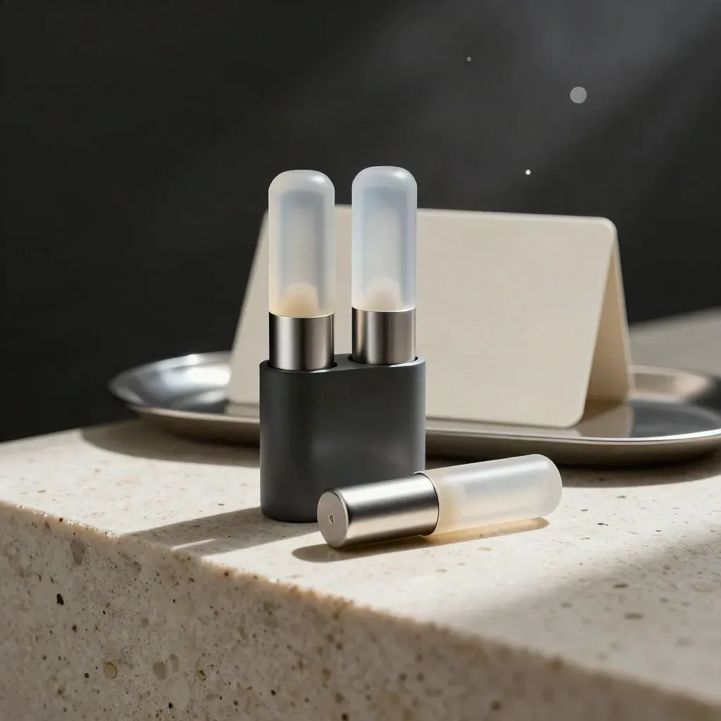 Frosted hemp vape pod two-pack with one loose pod on travertine, cool studio light