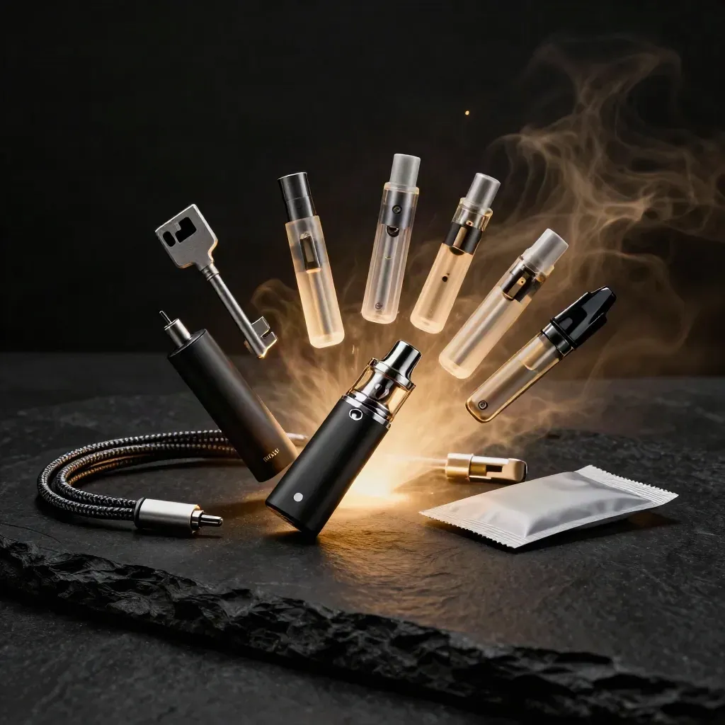 Hemp vape pod kit with battery, pods, cable and refill pack on dark stone, dramatic light