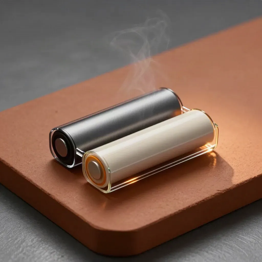 Glass pod case, slim battery, and two pods arranged diagonally on terracotta.