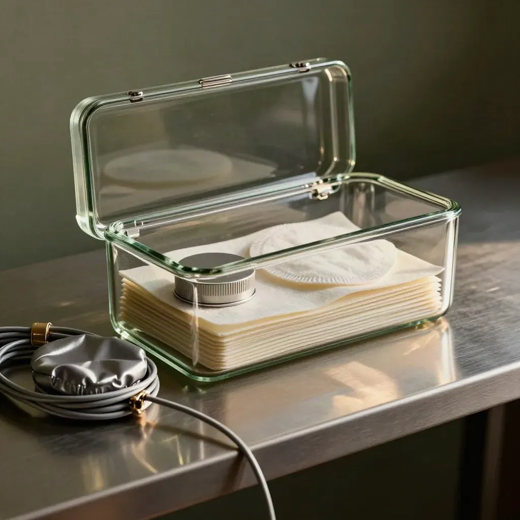 Open glass pod case with cable, cap and pad on a pewter shelf in raking light.