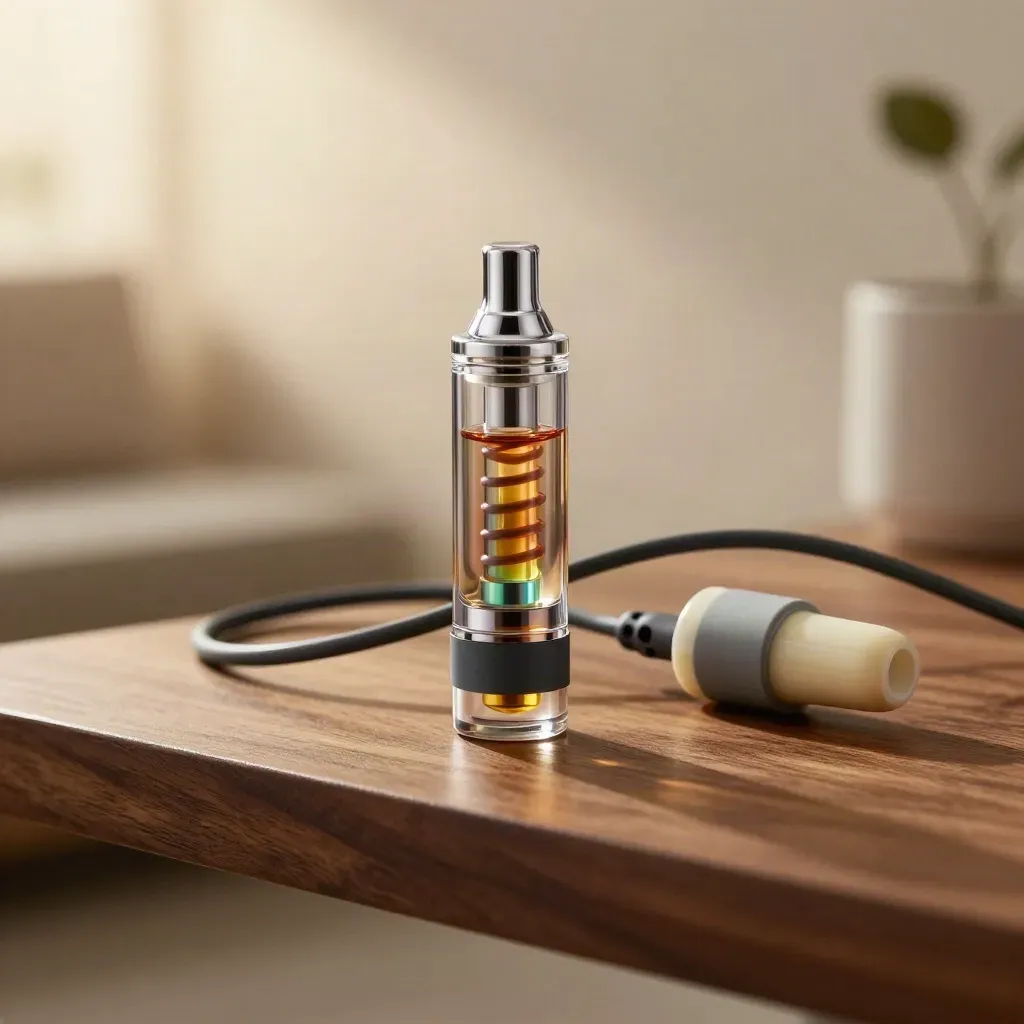 Rainbow hemp vape cartridge with ceramic core beside a curved cable on a walnut shelf.
