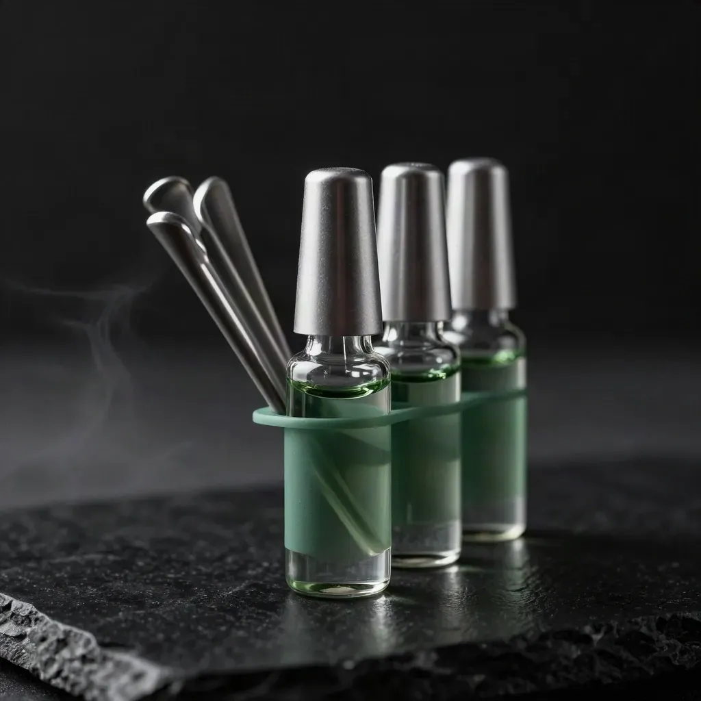 Four unbranded terpene vials in a slim holder on matte black with mist and dramatic side light.