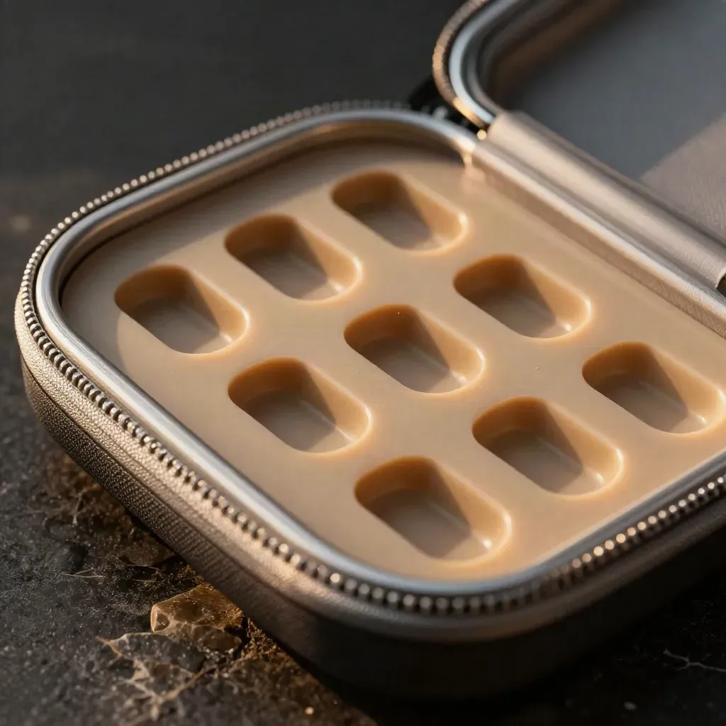 Macro of an open travel case lining with six molded pod slots and a brushed-silver zipper edge