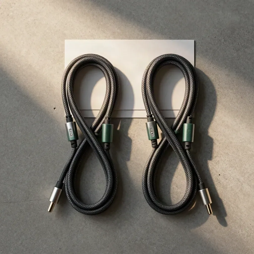 Top-down flatlay of two coiled charging cables with connector caps on dark stone