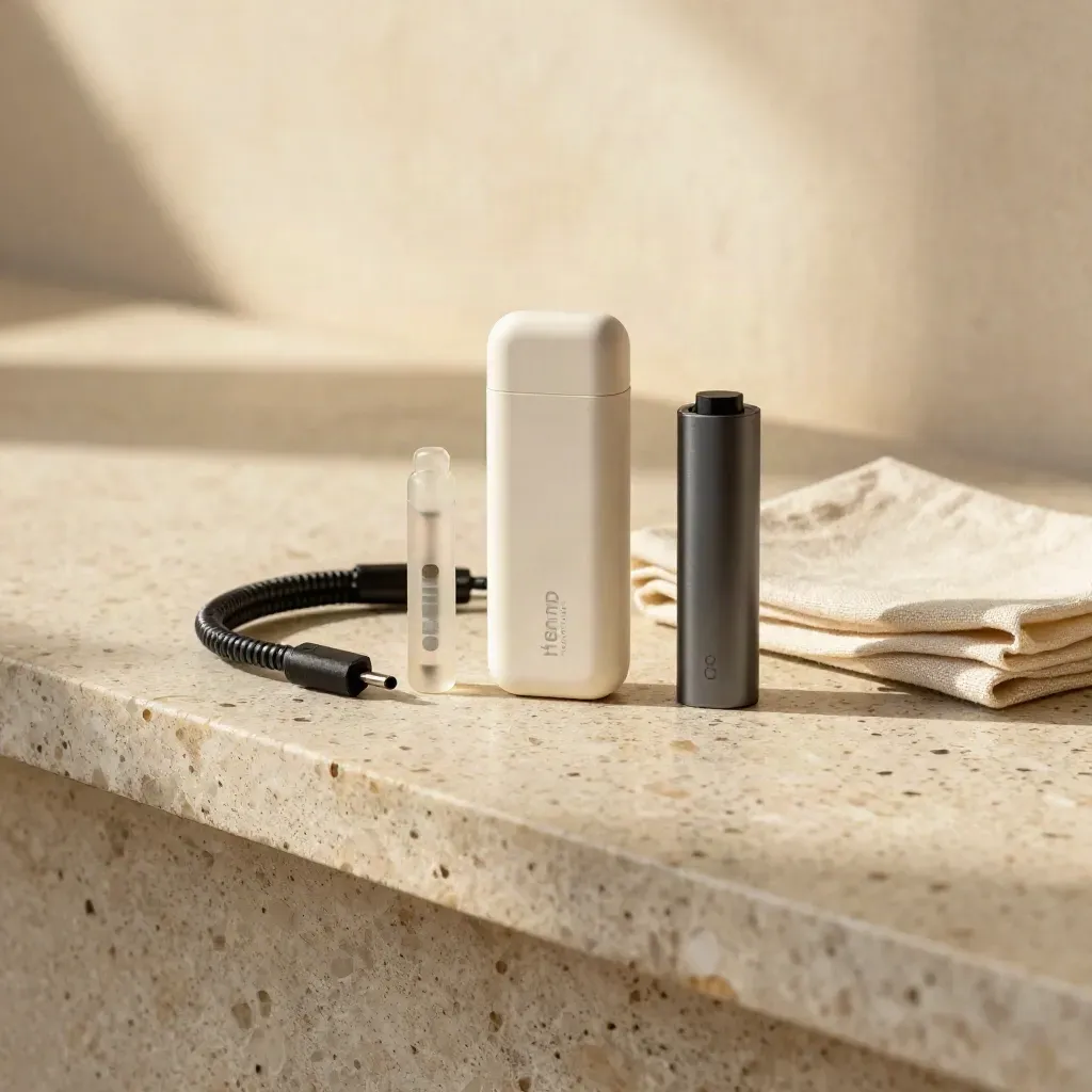 Travertine counter with hemp vape pods, cartridges, battery, cable and linen in soft light.