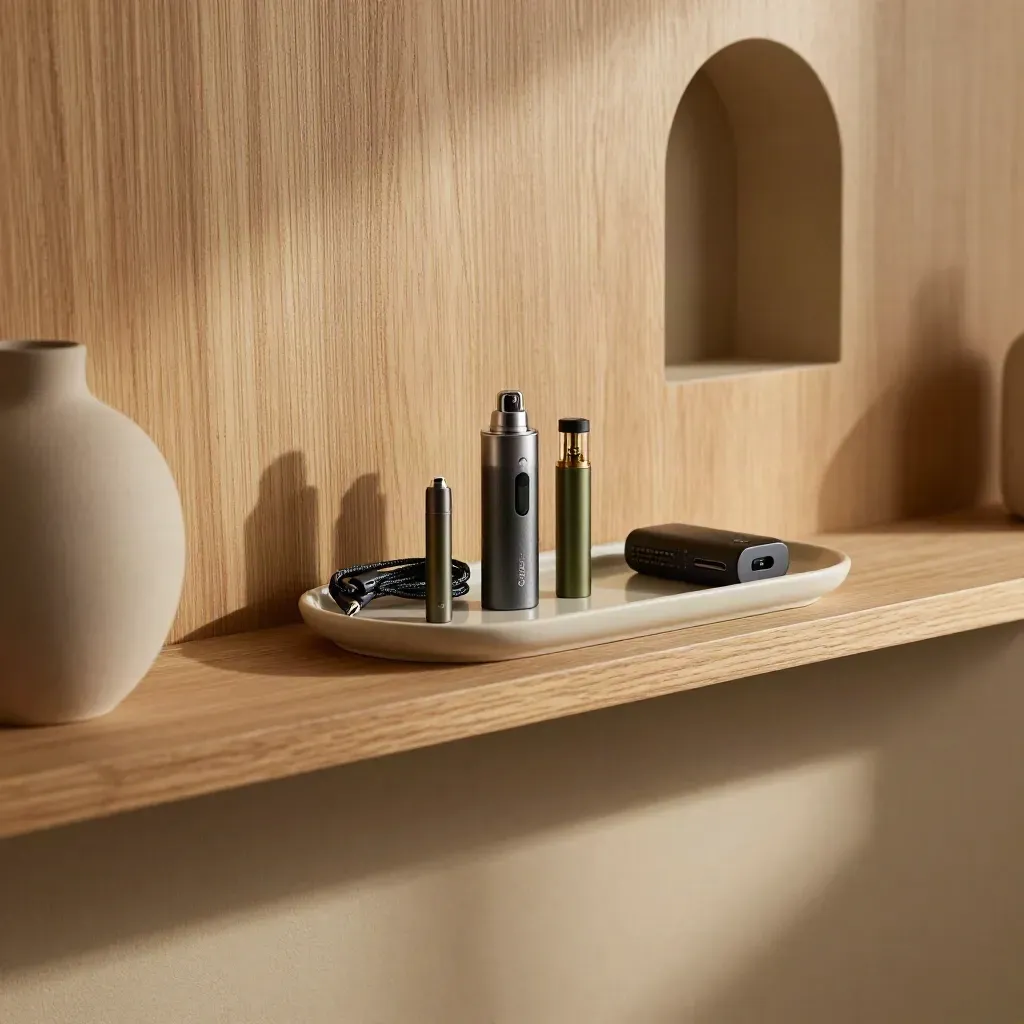 Oak shelf with hemp vape kit pieces, ceramic tray, soft afternoon light, calm copy space.