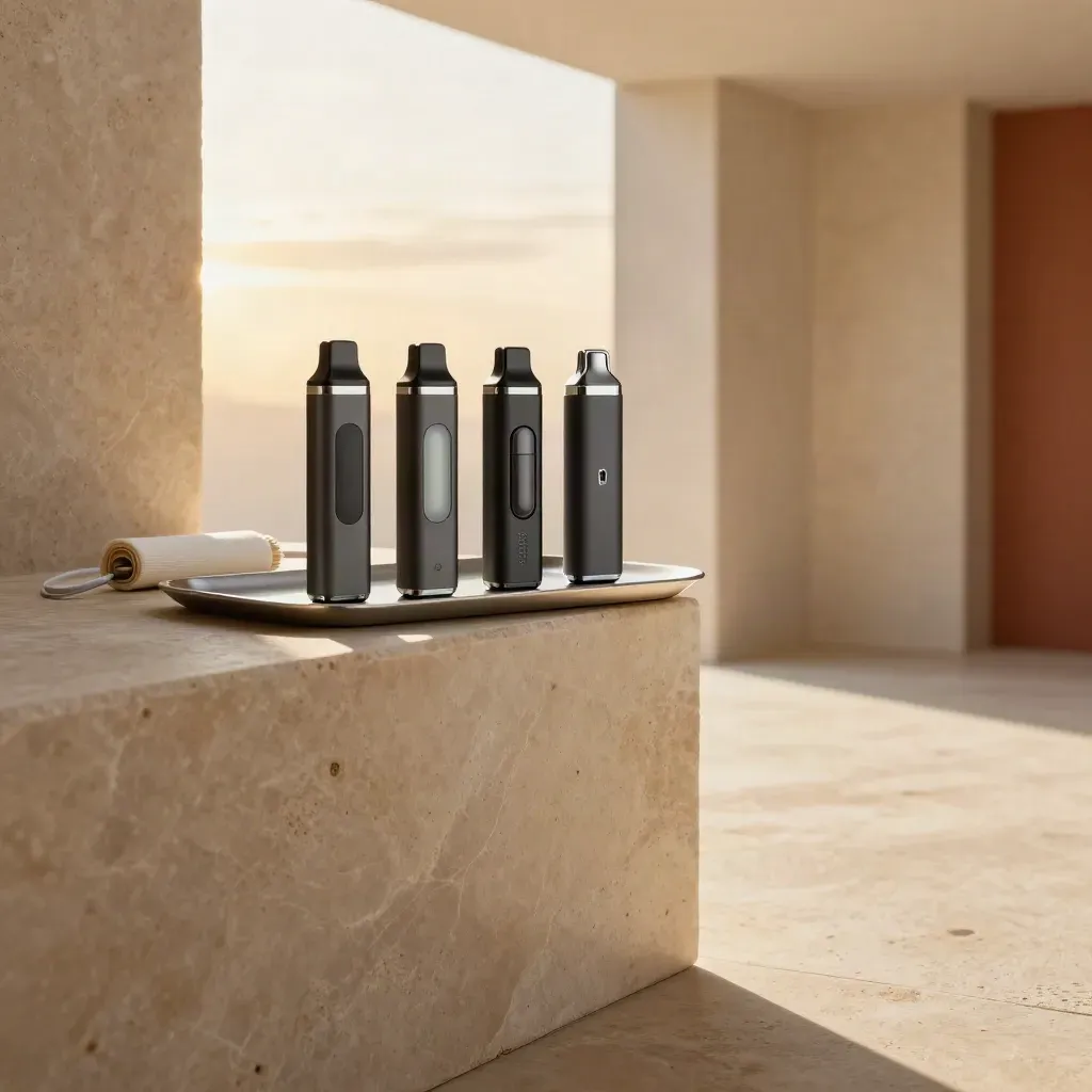 Stone corridor with bundled hemp vape pods and cartridges on a silver tray in sunset haze